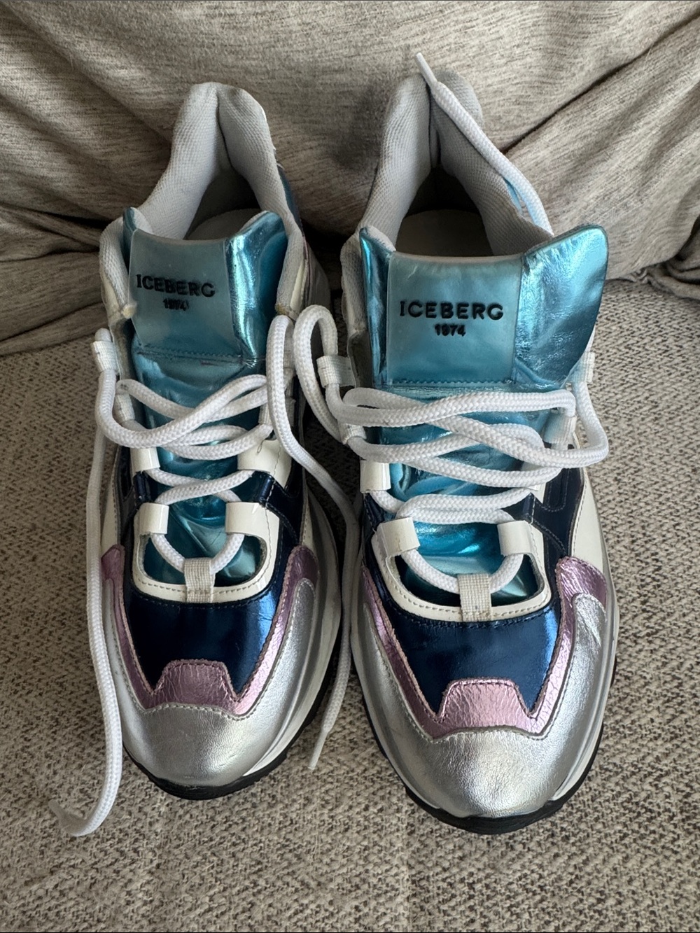 Iceberg 1974 Luxury Metallic Chunky Sneakers - Blue, Silver & Pink Size EU38